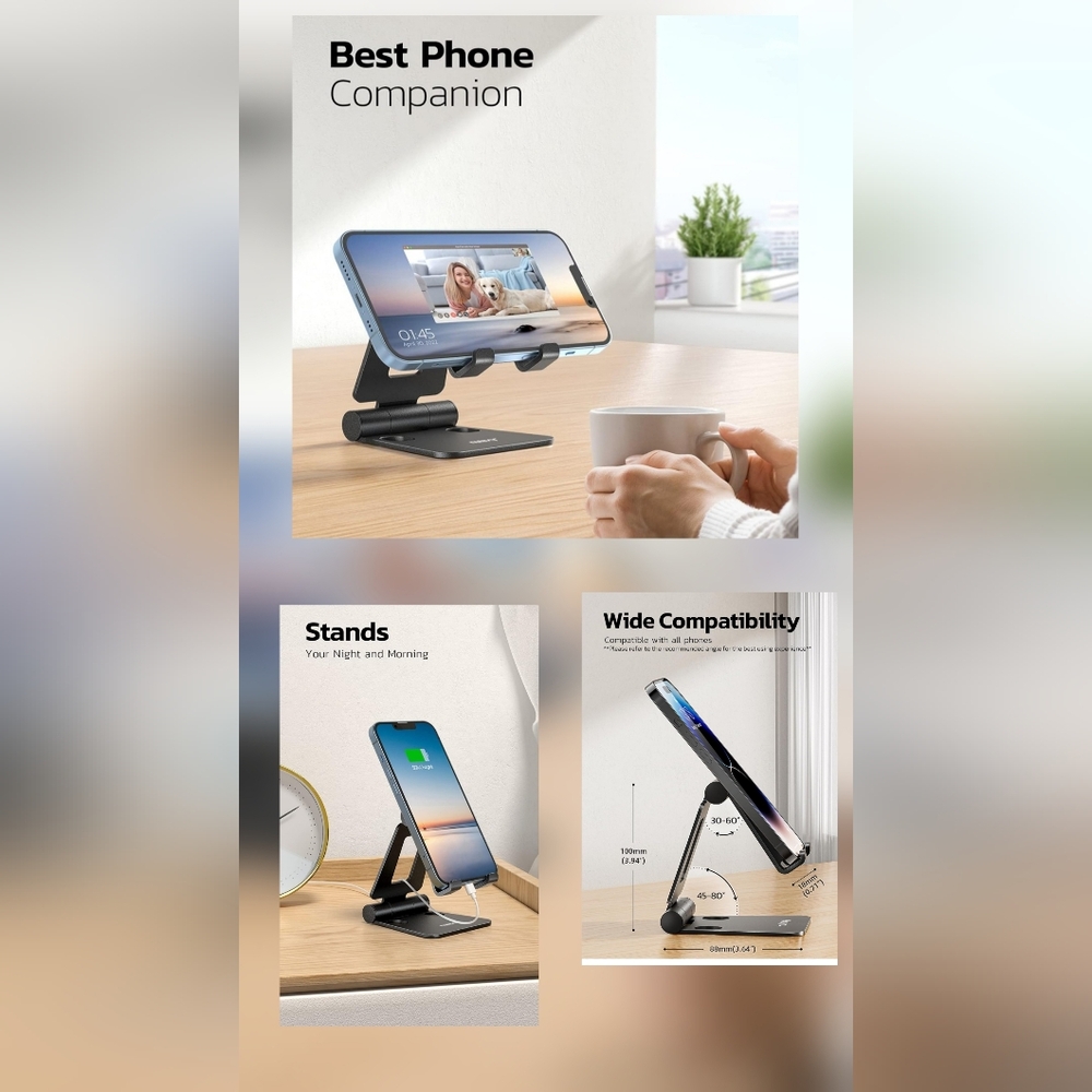 Adjustable Black Foldable Phone & Tablet Stand - Compatible Universal Holder